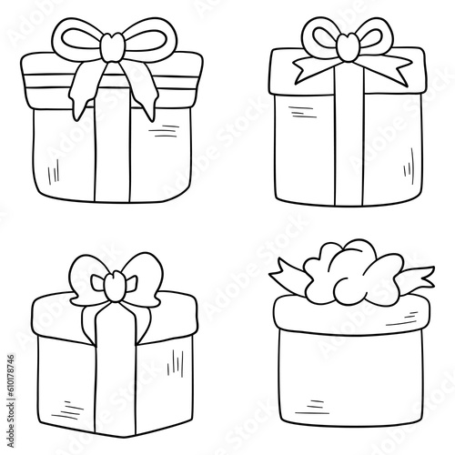 Gift boxes doodle set. Vector illustration isolated on white background.