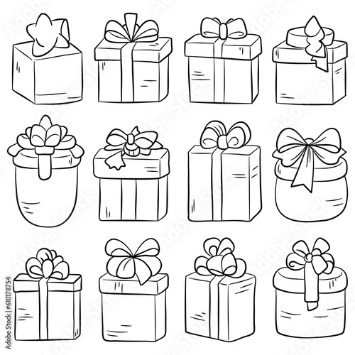 Gift boxes doodle set. Vector illustration isolated on white background.