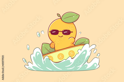 A jovial lemon creature sporting sunglasses and a surfboard