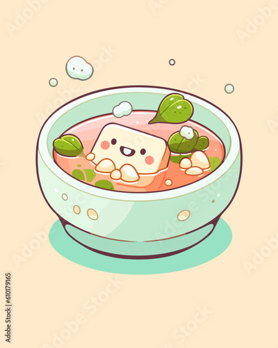 A miso soup cartoon with floating tofu and seaweed