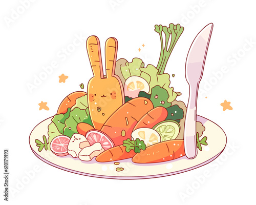 A playful carrot with a plate of colorful vegetables