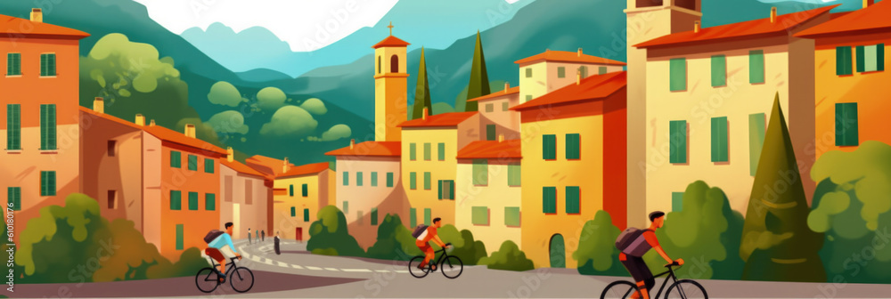 Lucca city panorama, urban landscape with modern buildings. Business travel and travelling of landmarks. Illustration, web background. Skyscraper silhouette. Tuscany, Italy - Generative AI