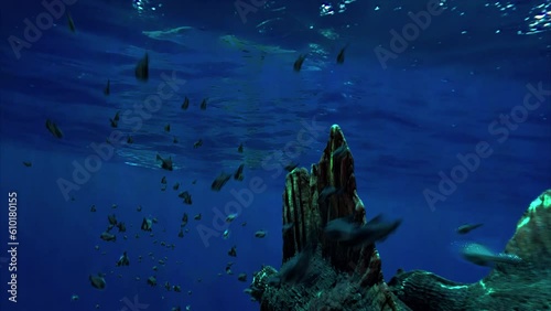 Marine dinosaurs swimming near the surface of the ocean, maritime spinosaur seen from behind in the sea photo