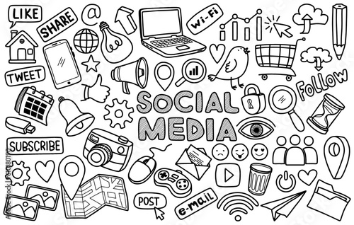 social media sign and symbol doodles elements.