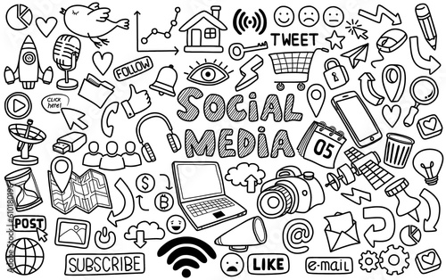 Hand drawn set of social media sign and symbol doodles elements. Isolated on white background.