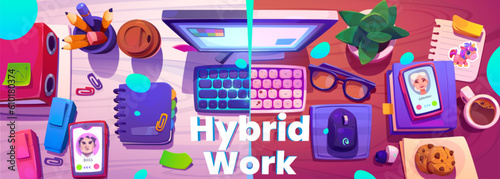 Hybrid work concept workplace top view. Vector cartoon illustration of desk with computer, smartphone, notepad, folder with documents, coffee and snacks. Combination of working at office and from home