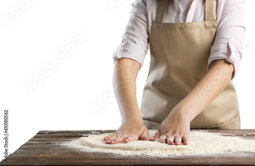 Making dough by female hands. Woman cooking.