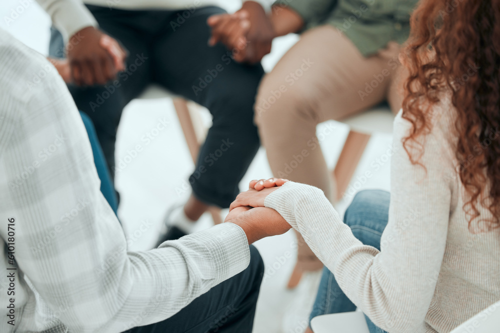 Obraz premium Circle, holding hands and support with prayer, people and solidarity with faith, trust and religion with empathy. Men, woman and helping hand for praying, team building and diversity with mindfulness