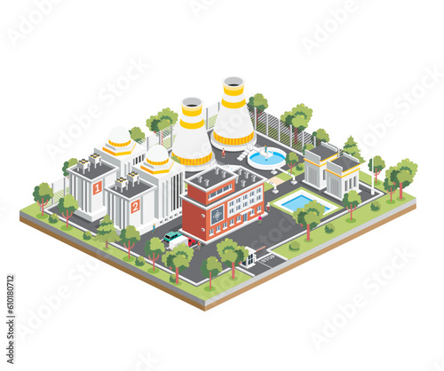 Isometric Nuclear Power Plant. Clean Energy. Generate Electricity. Exterior View of Nuclear Reactor.