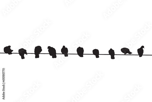 Silhouette of birds sitting on the wire. Silhouette of birds in different poses, vector. Unity and caring concept.