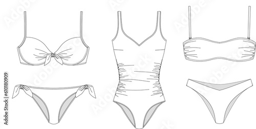 Wallpaper Mural Woman sustainable swimwear, technical drawing, template, sketch, flat, mock up. Recycled PA, Recycled PES, Lycra fabric bikini front view, white color Torontodigital.ca