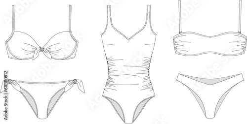Woman sustainable swimwear, technical drawing, template, sketch, flat, mock up. Recycled PA, Recycled PES, Lycra fabric bikini front view, white color