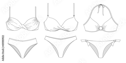 Woman sustainable swimwear, technical drawing, template, sketch, flat, mock up. Recycled PA, Recycled PES, Lycra fabric bikini front view, white color
