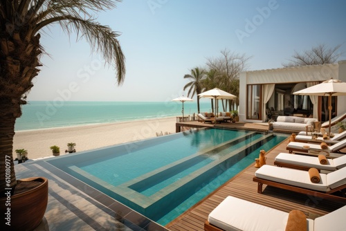 Luxury villa at beachside retreat featuring a sublime sea view, swimming pool, serene terrace, idyllic vacation. Generative AI