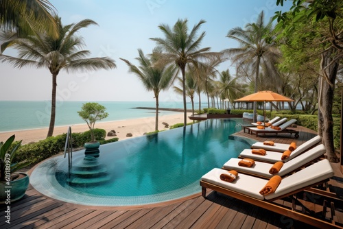 Luxury villa at beachside retreat featuring a sublime sea view  swimming pool  serene terrace  idyllic vacation. Generative AI