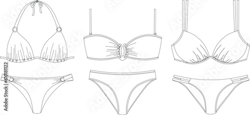 Woman sustainable swimwear, technical drawing, template, sketch, flat, mock up. Recycled PA, Recycled PES, Lycra fabric bikini front view, white color