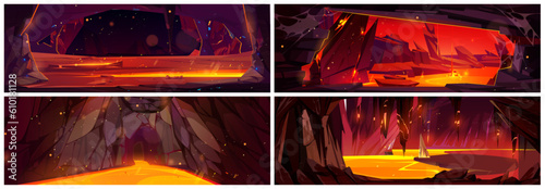 Volcano lava hell rock cave view fantasy game cartoon background set. mysterious and dangerous flowing molten hot magma level adventure design. Ground crack with liquid fire river flow terrain surface