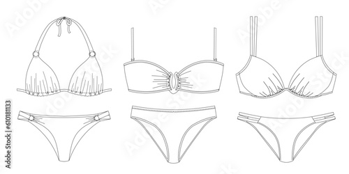 Woman sustainable swimwear, technical drawing, template, sketch, flat, mock up. Recycled PA, Recycled PES, Lycra fabric bikini front view, white color