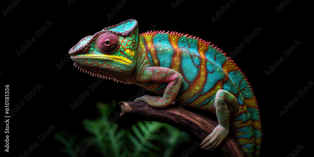 Fototapeta premium Chameleon on black background. Generative AI