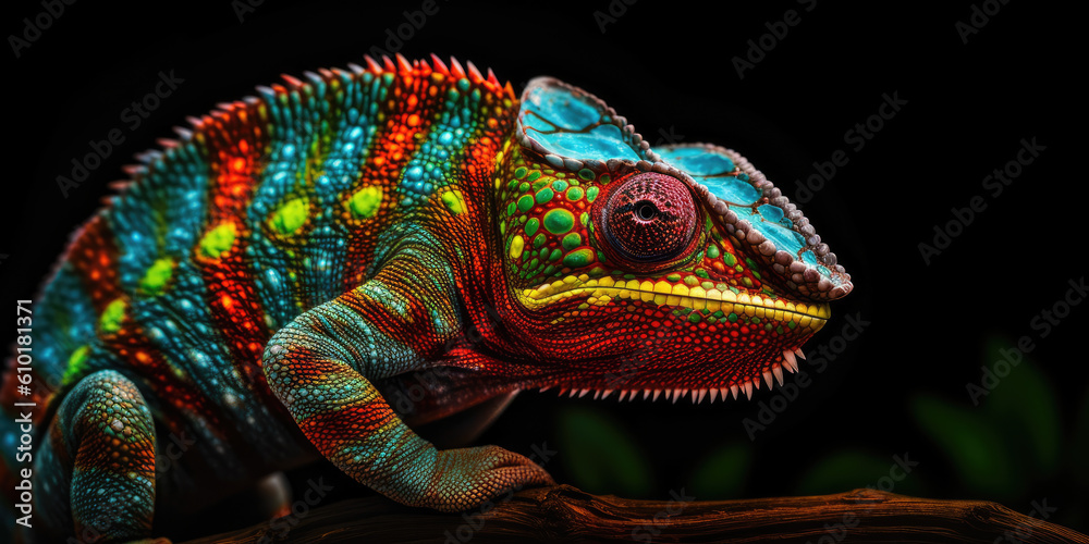 Chameleon on black background. Generative AI Chameleon on black background. Generative AI