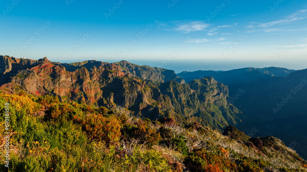 Pico Areeiro mountain peak at Madeira island. Evening view from Ruivo mountain peak.