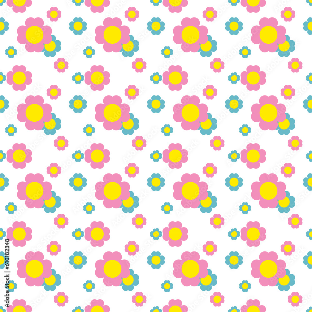 Pink four petal flower, blue, small, large, seamless pattern