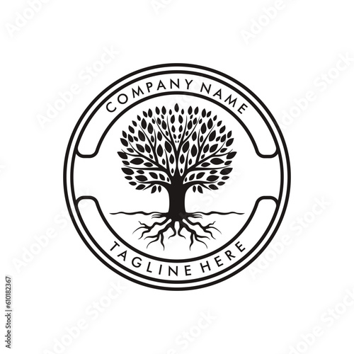 Root Leaf Tree of Life Oak Stamp Emblem Logo vector design