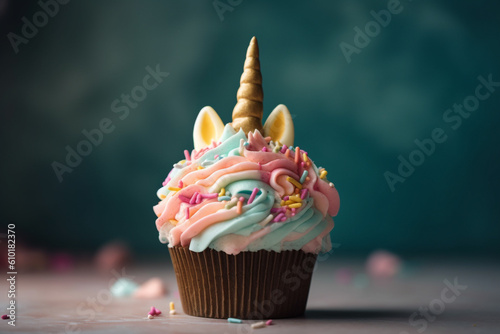 Cupcake with pastel colored frosting and unicorn horn.