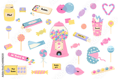 Sweets set. Cartoon bubble gum, candy and lollipops collection. 