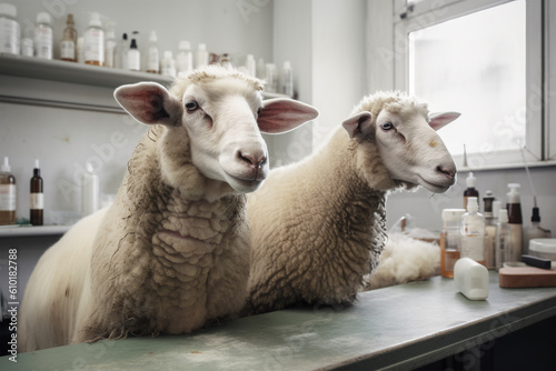 Two sheep in laboratory. Generative AI illustration