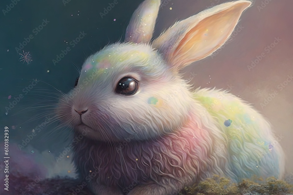 Abstract art of closeup cute rabbit with glowing pastel background ...