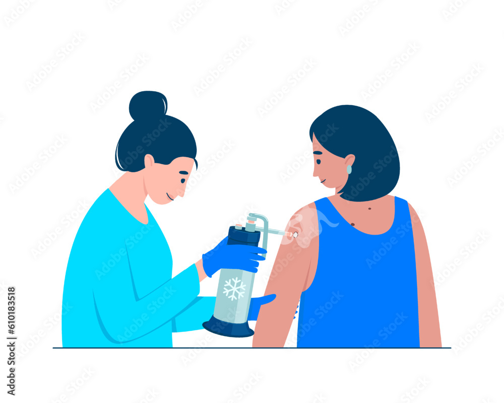 The doctor performs the procedure of cooling the affected area of the skin with liquid nitrogen. Cryosurgery is used to treat benign and malignant skin lesions. Flat. The doctor performs the procedure of cooling the affected area of the skin with liquid nitrogen. Cryosurgery is used to treat benign and malignant skin lesions. Flat.