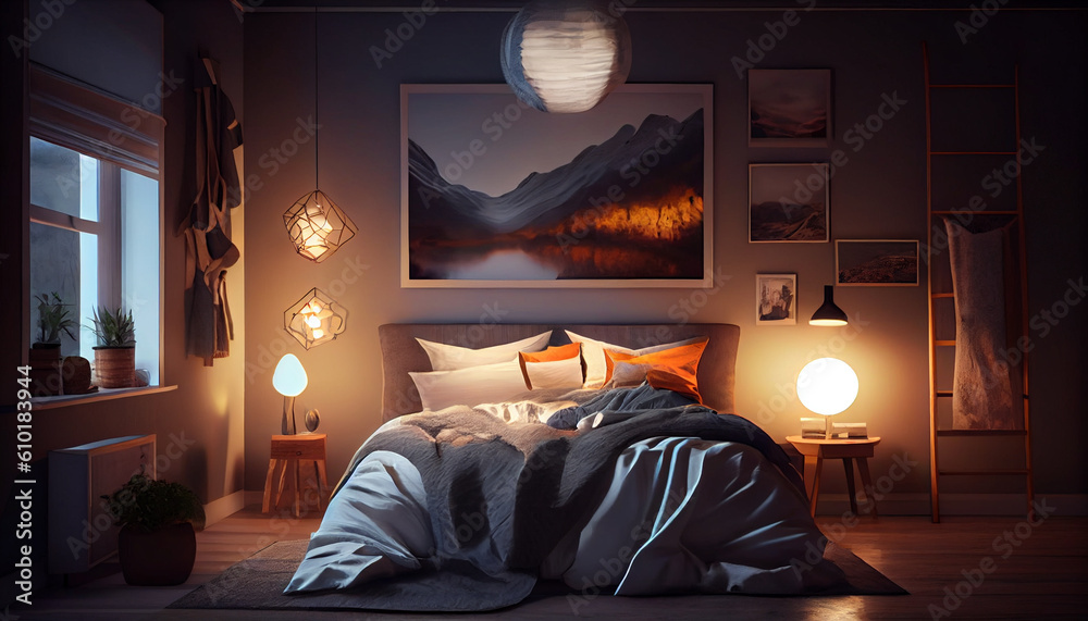 Modern Cozy bedroom with bed and night lights,Generative AI