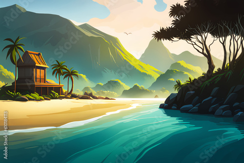 beach with palm trees and sea, wallpaper