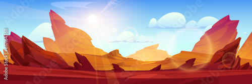 Rock desert cartoon vector landscape background. Canyon boulder formation panoramic game illustration. Dry wild empty rocky cliff construction in utah usa. American wilderness scene with sun light ray