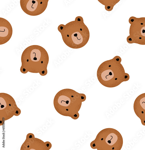 Seamless Pattern with Cute Cartoon Teddy Bears heads. Scandinavian style Animals. Background for Kids of Hand drawn  Cute Baby Brown Bear Head 