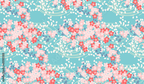 桜色の桜と流水と水色背景のシームレスパターン
