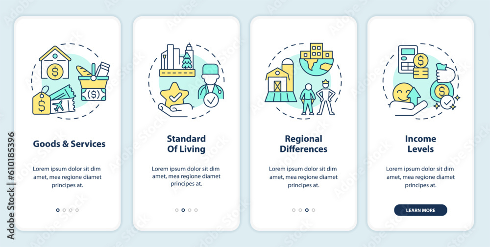 Cost of living concepts onboarding mobile app screen. Social issue walkthrough 4 steps editable graphic instructions with linear concepts. UI, UX, GUI template. Myriad Pro-Bold, Regular fonts used