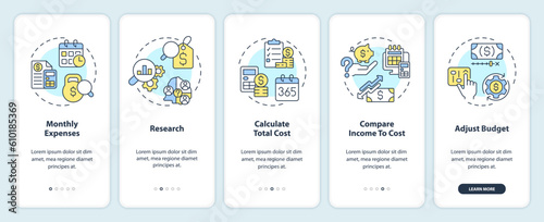 Calculate costs of living onboarding mobile app screen. Basic need walkthrough 5 steps editable graphic instructions with linear concepts. UI, UX, GUI template. Myriad Pro-Bold, Regular fonts used