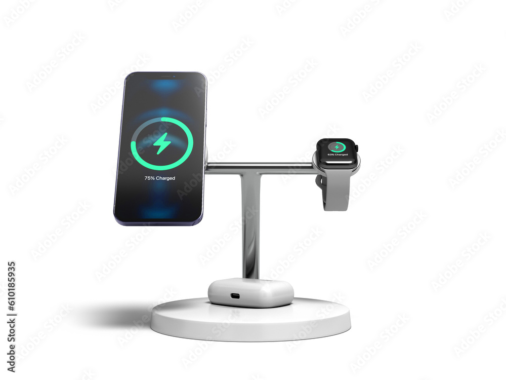 Wireless device charger with smatrphone and smartwatch front view 3d render on white