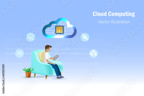 Man using smart phone online connect to cloud computing server. Digital cloud storage service with data transmission, network connecting technology. Intelligence data storage. 