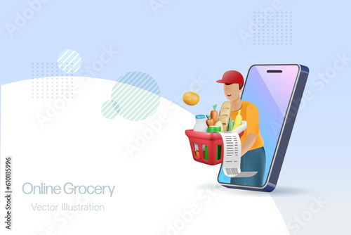 Online grocery delivery service on smart phone app. Deliveryman giving grocery basket on smartphone to customer. Template, platform, banner for online grocery shopping. 3D vector.