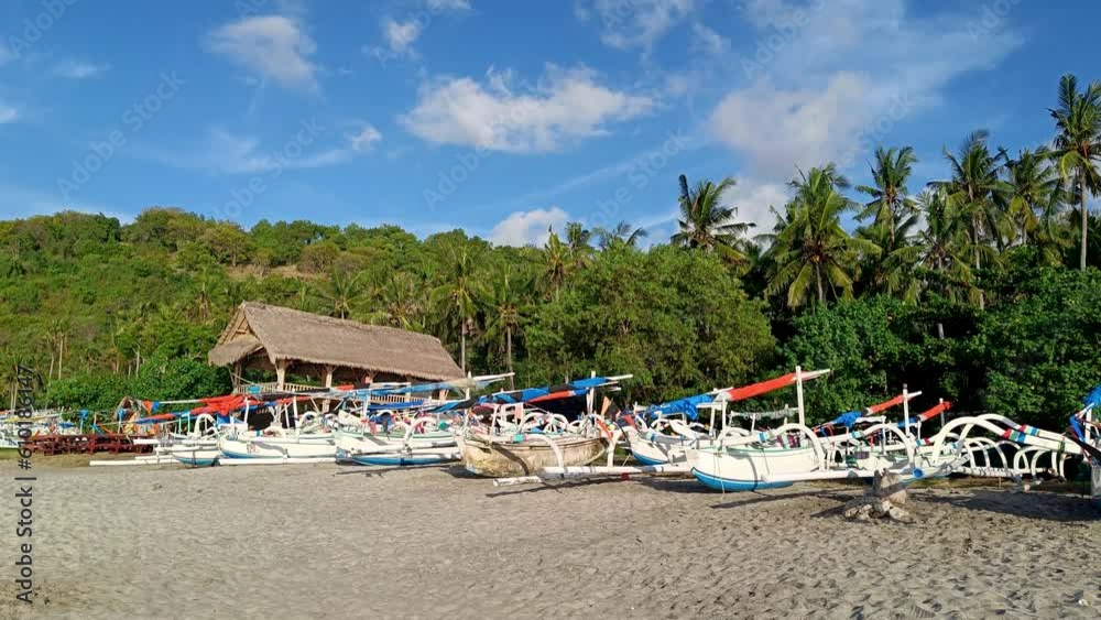Tropical village with traditional boat and beach coconut tree also blue sky for calm relax life silent sea wind