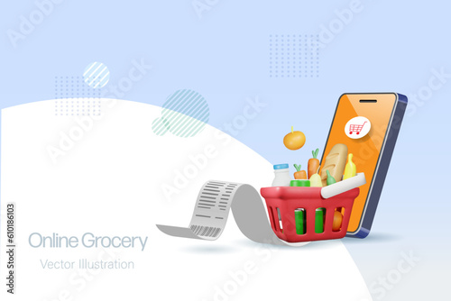 Online grocery shopping. Grocery basket delivery direct to home on smart phone. E-commerce internet mobile application. 3D vector.