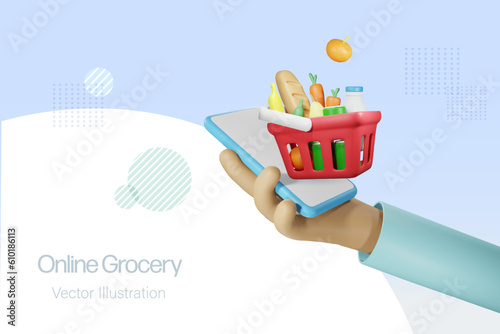 Online grocery shopping. Hand holding smartphone with shopping grocery basket delivery. E-commerce internet mobile application. 3D vector.