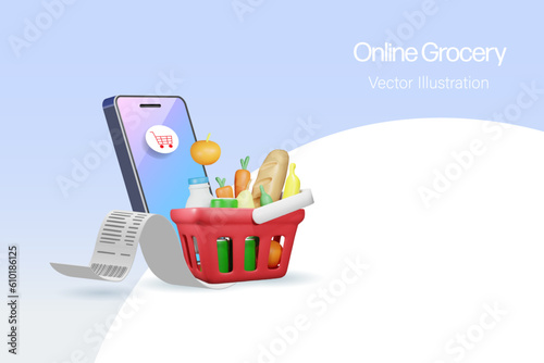 Online grocery shopping. Grocery basket delivery direct to home on smart phone. E-commerce internet mobile application. 3D vector.