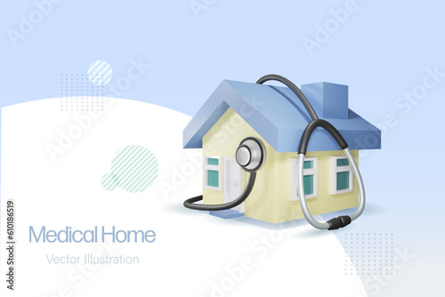 Home inspection or family insurance concept. Home with stethoscope. Medical house, inspect and diagnosis home health. 3D vector.