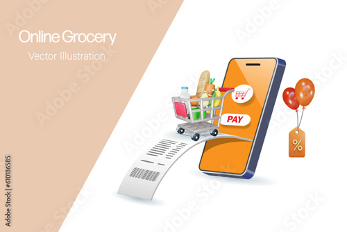 Online grocery service.  Shopping trolley cart with bill receipt on smart phone app. Online delivery, shopping service and e-commerce internet mobile application. 3D vector.