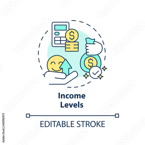 Income levels concept icon. Earnings growth. Pay scale. Standard of living. Well being. Financial wellness abstract idea thin line illustration. Isolated outline drawing. Editable stroke