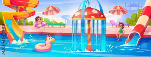 Happy children playing in aquapark. Vector cartoon illustration of little boy and girl near swimming pool, spiral water slides, inflatable unicorn ring, colorful umbrella, chaise lounge. Summer rest
